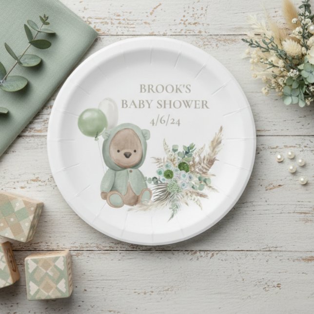 Plato De Papel Bearly Wait Green Boho Bear Favor (Subido por el creador)