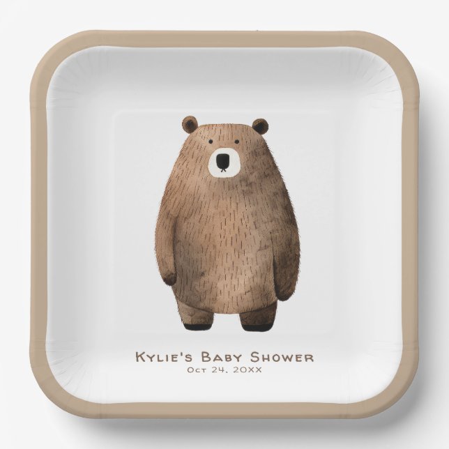 Plato De Papel Bearly Wait Neutral Teddy Bear Baby Shower (Anverso)