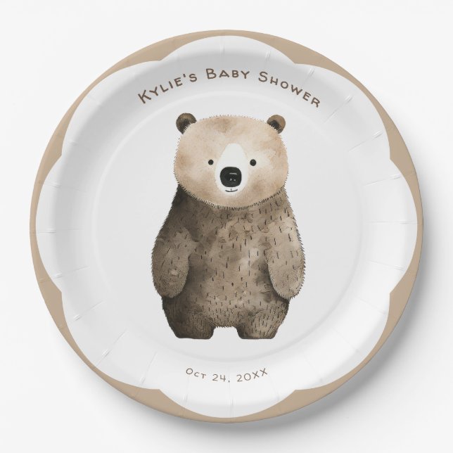Plato De Papel Bearly Wait Neutral Teddy Bear Baby Shower (Anverso)
