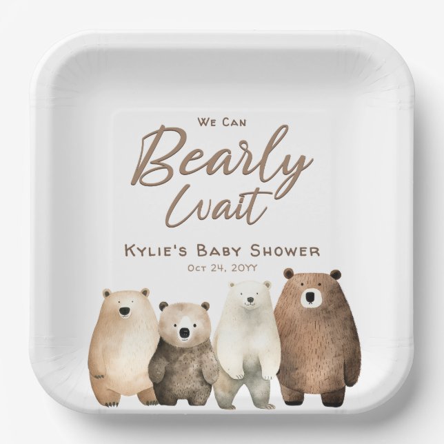 Plato De Papel Bearly Wait Neutral Teddy Bear Baby Shower (Anverso)