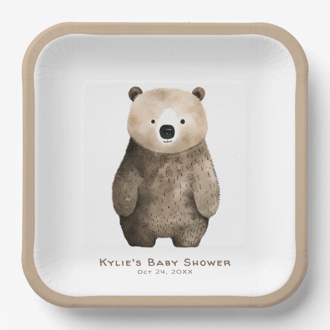 Plato De Papel Bearly Wait Neutral Teddy Bear Baby Shower (Anverso)