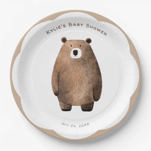Plato De Papel Bearly Wait Neutral Teddy Bear Baby Shower (Anverso)