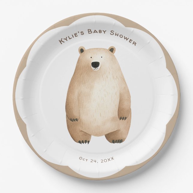 Plato De Papel Bearly Wait Neutral Teddy Bear Baby Shower (Anverso)