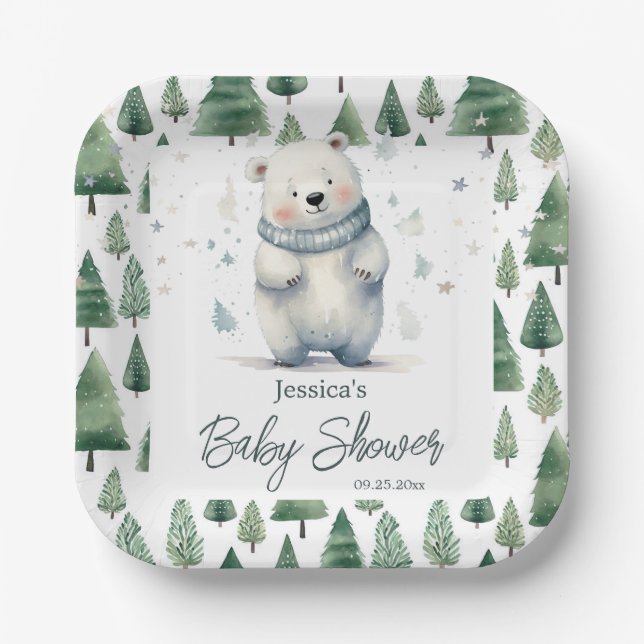 Plato De Papel Bearly Wait Teddy Bear Winter Baby Shower (Anverso)