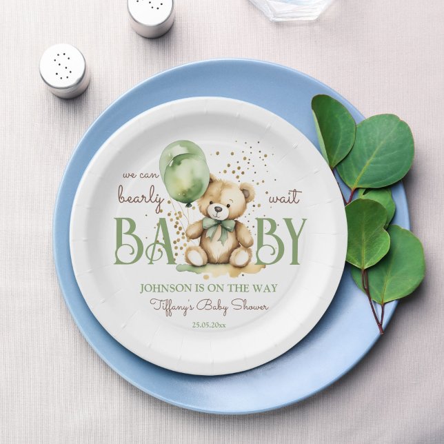 Plato De Papel Bearly wait teddy oso verde marrón bebé ducha (Bearly wait cute teddy bear sage green brown baby shower monogram printed paper plates table decor)