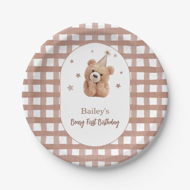 Plato De Papel Beary First Birthday Gingham (Anverso)