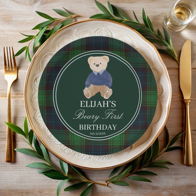 Plato De Papel Beary primera fiesta de cumpleaños de oso de peluc (Beary first birthday teddy bear green plaid birthday printed party paper plates personalized decor)