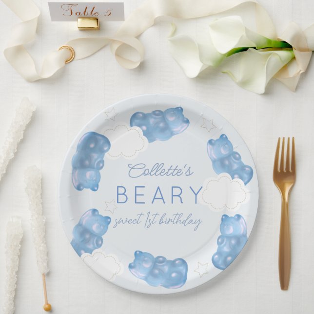 Plato De Papel Beary Sweet Blue Gummy Bear Boy Cumpleaños (Boda)