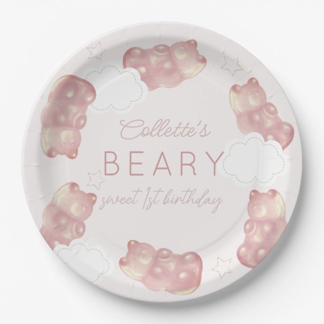 Plato De Papel Beary Sweet Pink Gummy Bear Chica Birthday (Anverso)