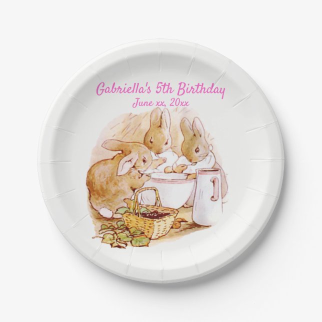 Plato De Papel Beatrix Potter Bunnies Berries y Cream Cumpleaños (Anverso)