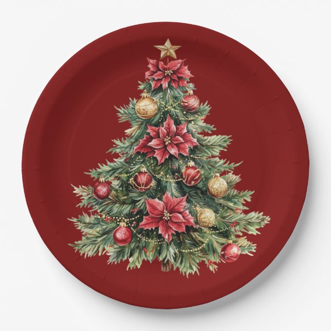 Plato De Papel Beautiful Pine Tree Red Christmas  (Anverso)