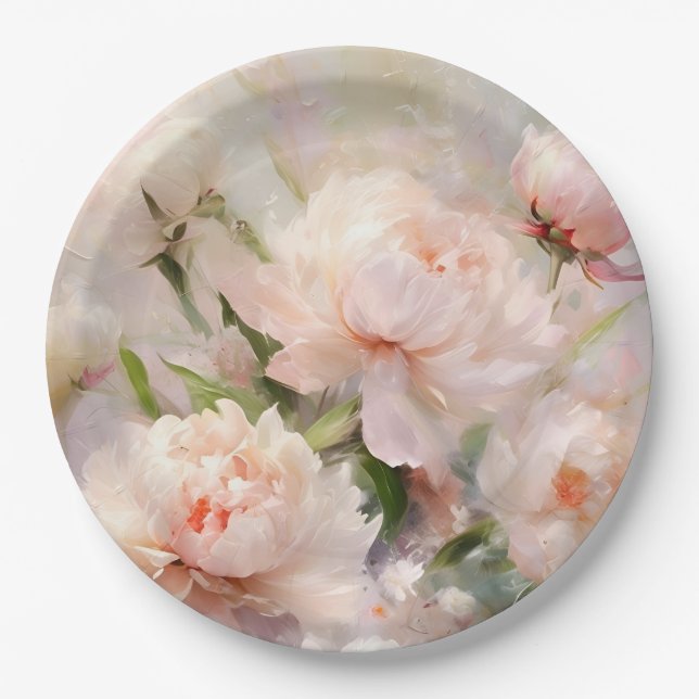 Plato De Papel Beautiful White & Pink Peonies On Pink Background (Anverso)