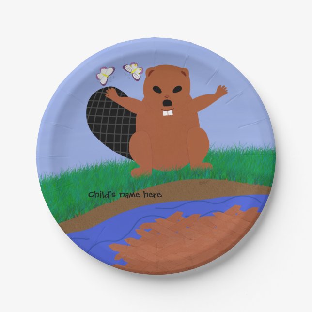 Plato De Papel Beaver Building Dam Personalizado Art Dinner Plate (Anverso)