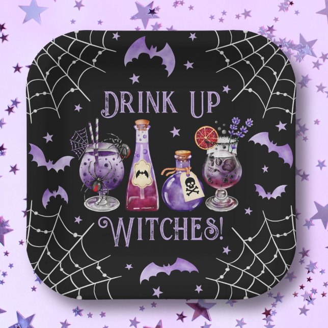 Plato De Papel Beba Testigos Cócteles y vestuario Halloween (Drink Up Witches Cocktails and Costume Halloween Paper Plates)