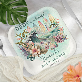 Plato De Papel Bebé a bordo de la Baby Shower Tropical Surfing Fl