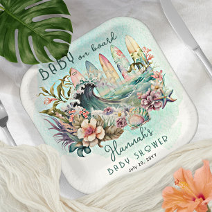 Plato De Papel Bebé a bordo de la Baby Shower Tropical Surfing Fl