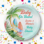 Plato De Papel Bebé a bordo del personalizado de ducha para bebés<br><div class="desc">Bebé a bordo de la playa de surf tropical ducha de bebé,  placas de fiesta personalizadas. Palmeras,  tablas de surf,  plantas tropicales,  fuente retro para la playa,  surf,  ducha tropical temática para bebés.</div>