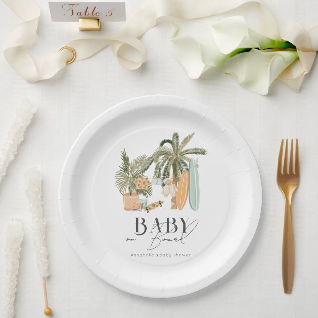Plato De Papel Bebé a bordo Palm Tree Surfboard Baby Shower (Boda)