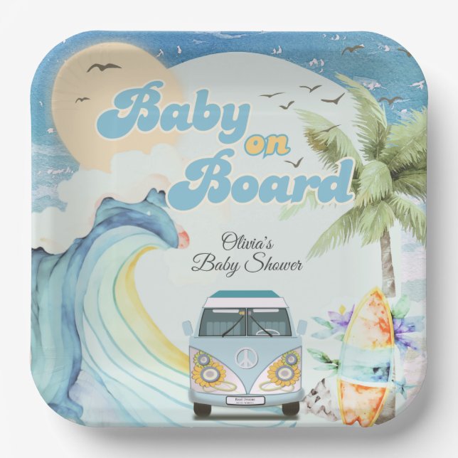 Plato De Papel Bebé a bordo Retro Surfing Beach Baby Shower (Anverso)