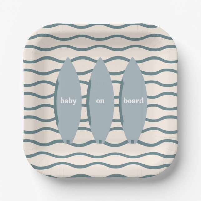 Plato De Papel "Bebé a bordo" Surfing Baby Shower Ocean Tema (Anverso)