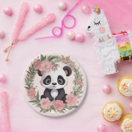 Plato De Papel Bebé Adorable Panda Bear con Flores