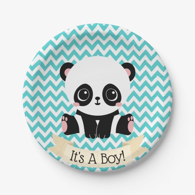 Plato De Papel Bebé Adorable Panda Blue Baby Shower Placas de pap (Anverso)