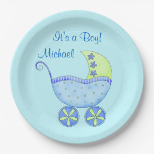 Plato De Papel Bebé azul Buggy su nombre de niño personalizado