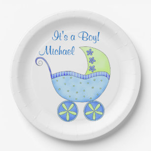Plato De Papel Bebé azul Buggy su nombre de niño personalizado