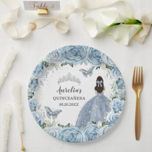 Plato De Papel Bebé Azul Floral Butterflies Princesa Plata