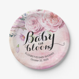 Plato De Papel Bebé Baby Shower en flores y plumas de boho en flo