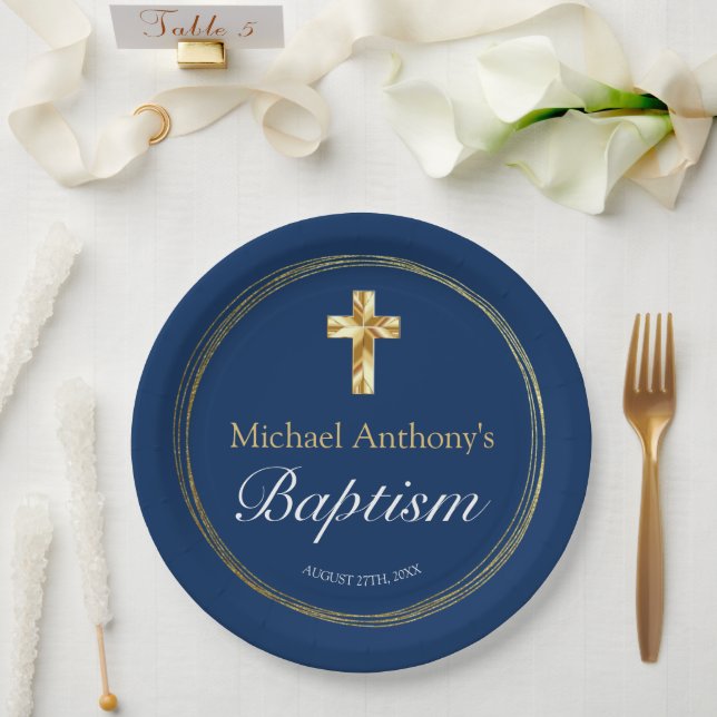Plato De Papel Bebé Baptism Navy Blue Gold Cross (Boda)