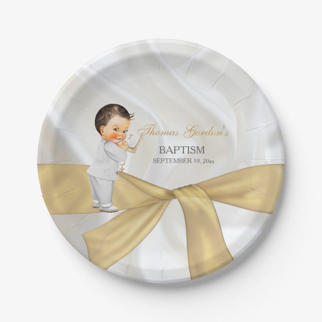 Plato De Papel Bebé Bautismo Christening Gold White (Anverso)