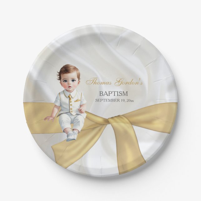 Plato De Papel Bebé Bautismo Christening Gold White (Anverso)