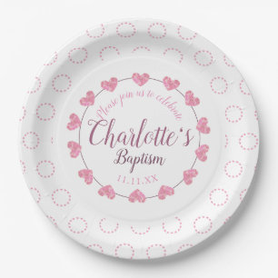 Plato De Papel Bebé bautizo con flor rosa y blanca