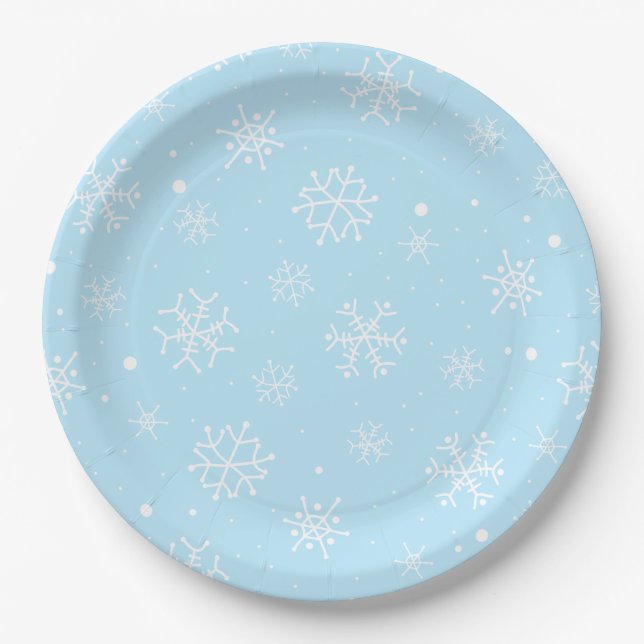 Plato De Papel Bebé Blue and White Snowflakes (Anverso)
