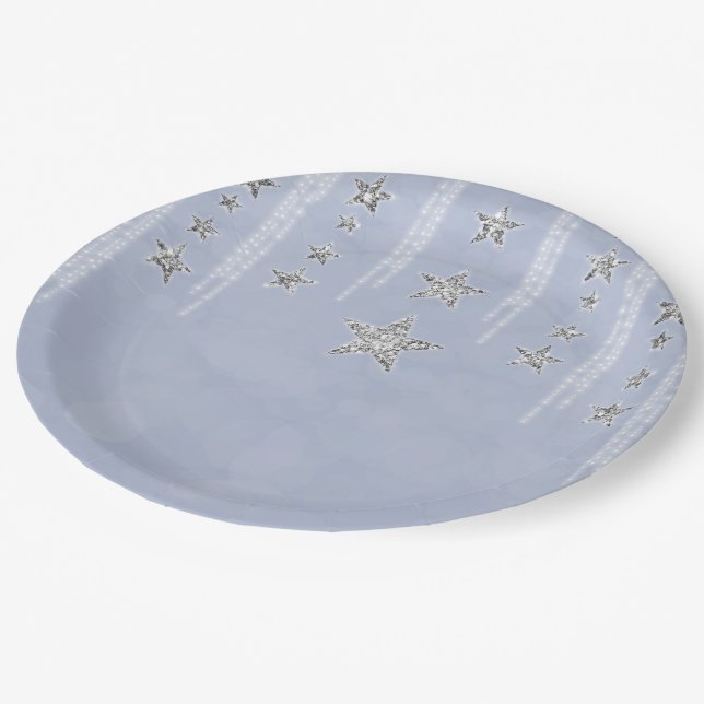 Plato De Papel Bebé Blue & Silver Purpurina Stars Sweet 16 Fiesta (Angular)