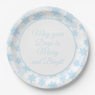 Plato De Papel Bebé Blue Snowflakes White Merry Navidades Brillan