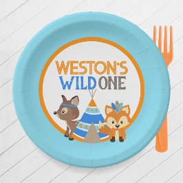 Plato De Papel Bebé Blue Wild One Woodland Birthday Party Plates
