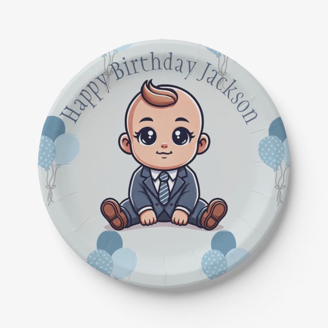 Plato De Papel Bebé Boss Papel de cumpleaños Placas-Personalizado (Anverso)