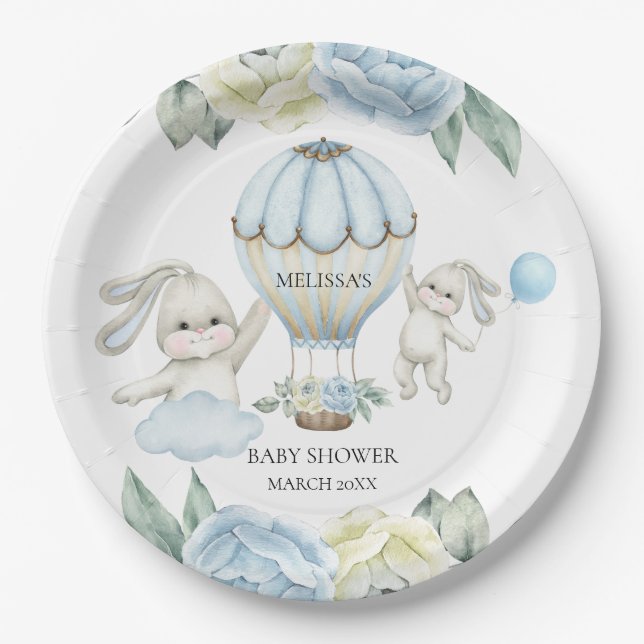 Plato De Papel Bebé Bunny Hot Air Balloon Blue | Placas de papel (Anverso)