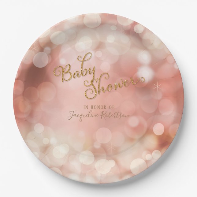 Plato De Papel Bebé Chica Bokeh Sparkle Twinkle Luces Pastel Rosa (Anverso)