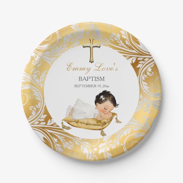 Plato De Papel Bebé Chica Christine Baptism Gold Silver (Anverso)