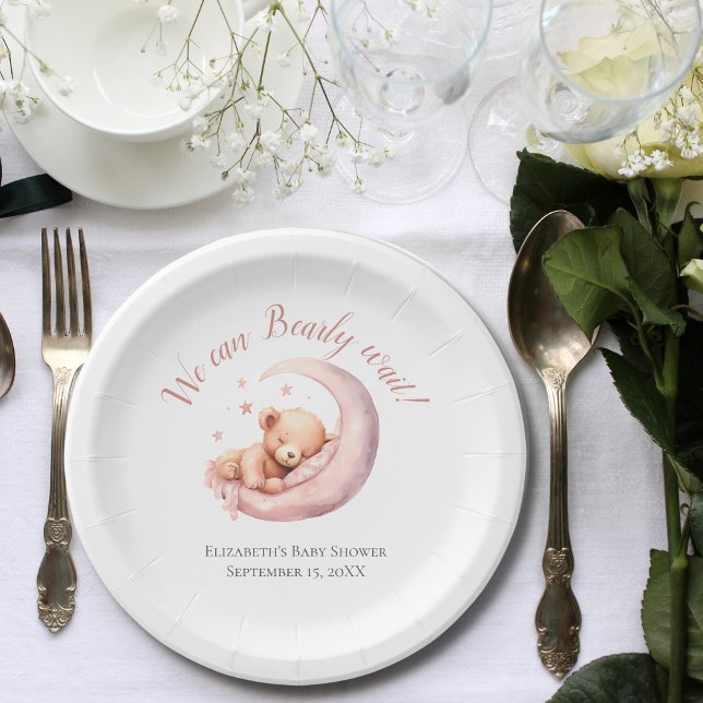 Plato De Papel Bebé Chica Oso Rosa Moon Bearly Wait Baby Shower (Girl Baby Shower  We Can Bearly Wait Personalized paper plates. Bear sleeping in moon Pink)