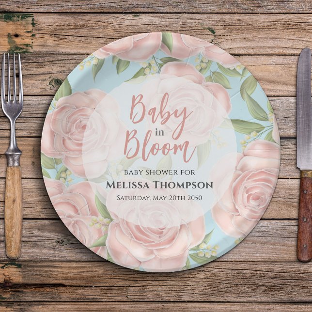Plato De Papel Bebé con flores rosadas Personalizado ducha (Baby in bloom pink floral paper plates. )