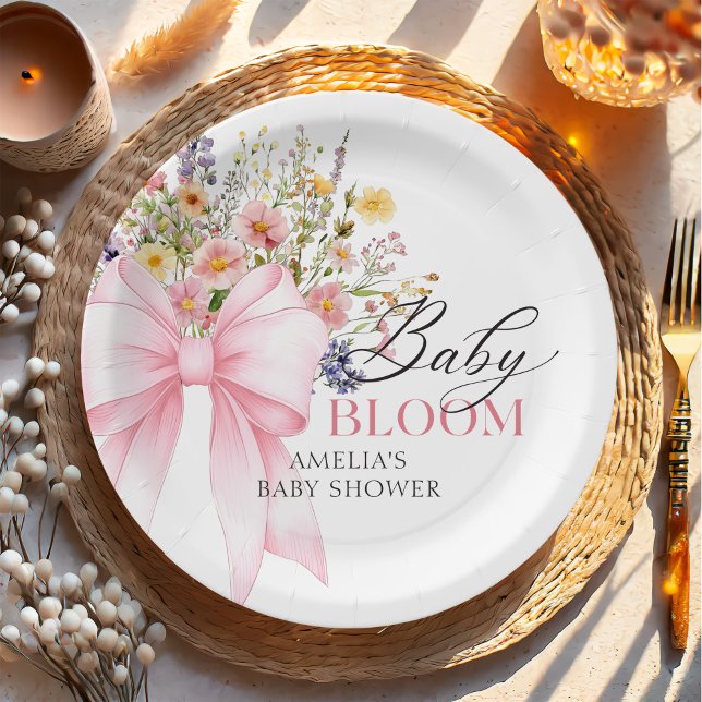 Plato De Papel Bebé con lazo rosa en floración Baby Shower (Subido por el creador)