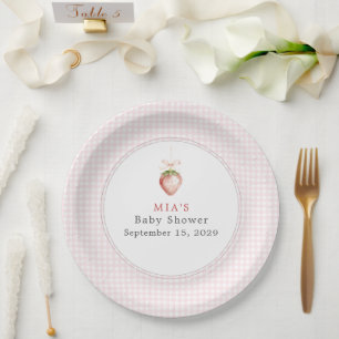 Plato De Papel Bebé Coquette de Fresa de Encaje a Cuadros Dulce