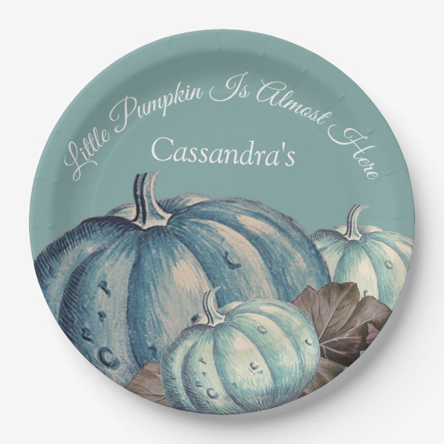 Plato De Papel Bebé de calabaza azul niño ducha caída (Anverso)