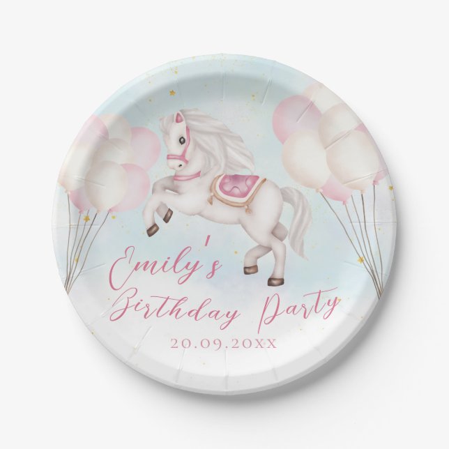 Plato De Papel Bebé de cuento de hadas estrellas de globos rosado (Anverso)