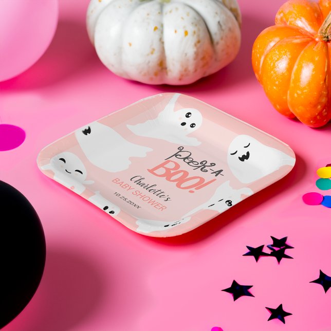 Plato De Papel Bebé de Halloween lindo, fantasmas, ducha de bebé  (Cute Halloween boo ghosts pink baby shower Paper Plates)