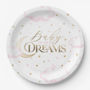 Plato De Papel Bebé de nuestros sueños Luna y Estrellas Rosa Fies